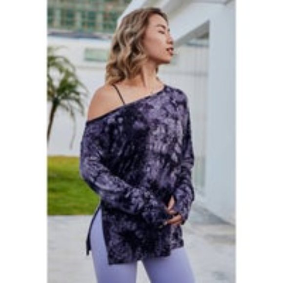 WOMENS PURPLE TIE-DYE PRINT OFF-THE-SHOULDER LONG SLEEVE TOP - Size: S/M, L/XL - Picture 1 of 9